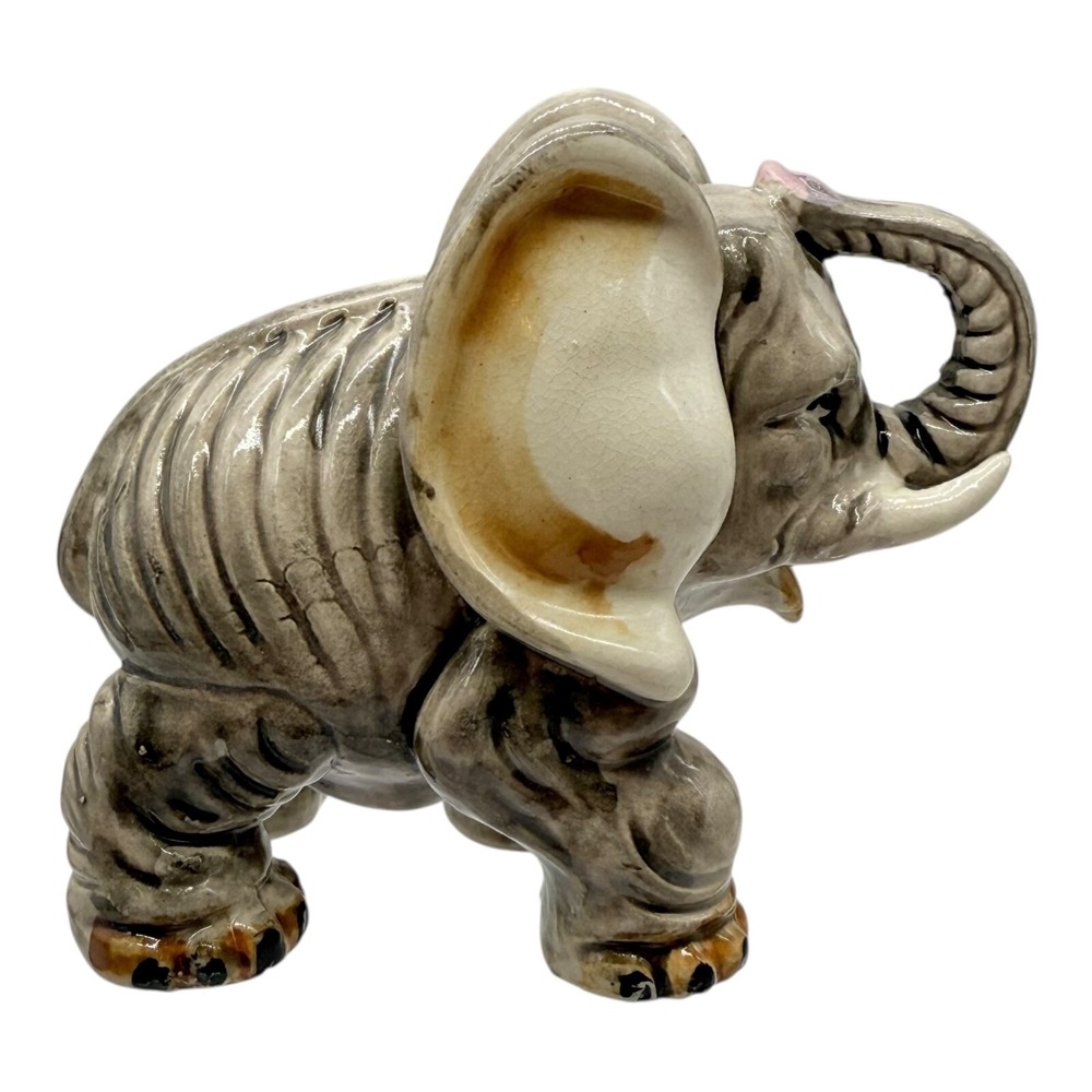 Vintage Japan Ceramic Elephant Figurine Trunk Up Hand Painted Mid Century Decor - Picture 4 of 8